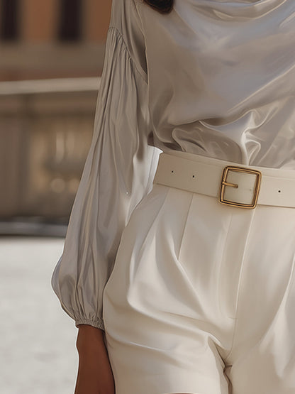 Elegant Draped Satin Blouse And High-Waist Belted Shorts Set